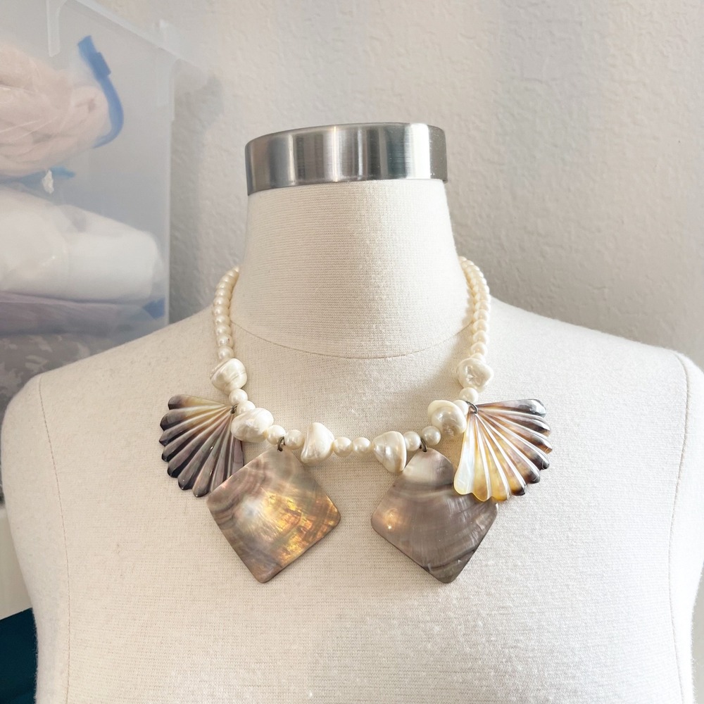 Vintage Cadoro Mother of Pearl Shell Statement Necklace Pearl Bib Iridescent